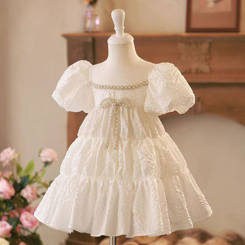 Jill White Flower Princess Girl Dress Pearls for Kids Wedding Party Gown J770