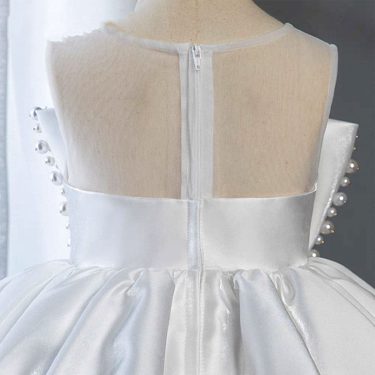 Jill White Satin Girl Birthday Dress with Pearls J341