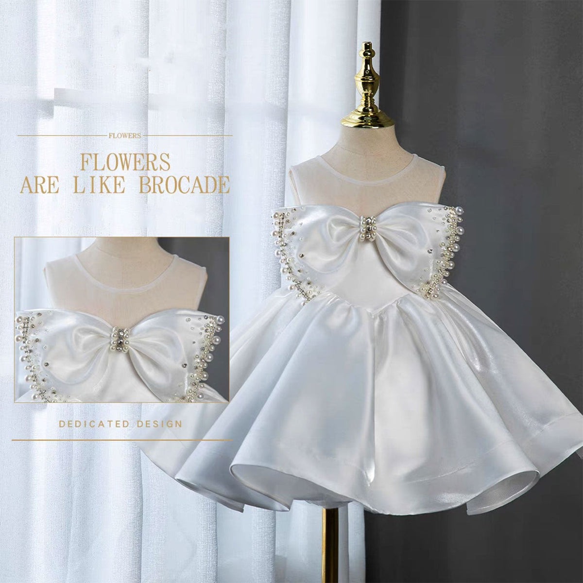 Jill White Satin Girl Birthday Dress with Pearls J341