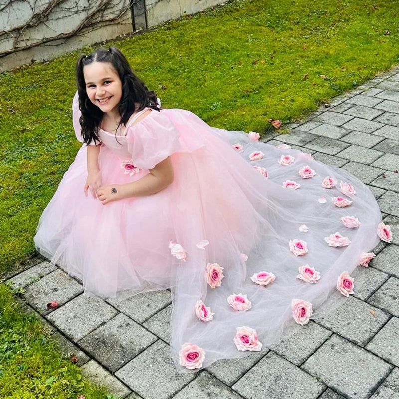 Jill Wish Elegant Arabic Pink Girl Dress with Flowers Dubai Baby Kids Princess J254