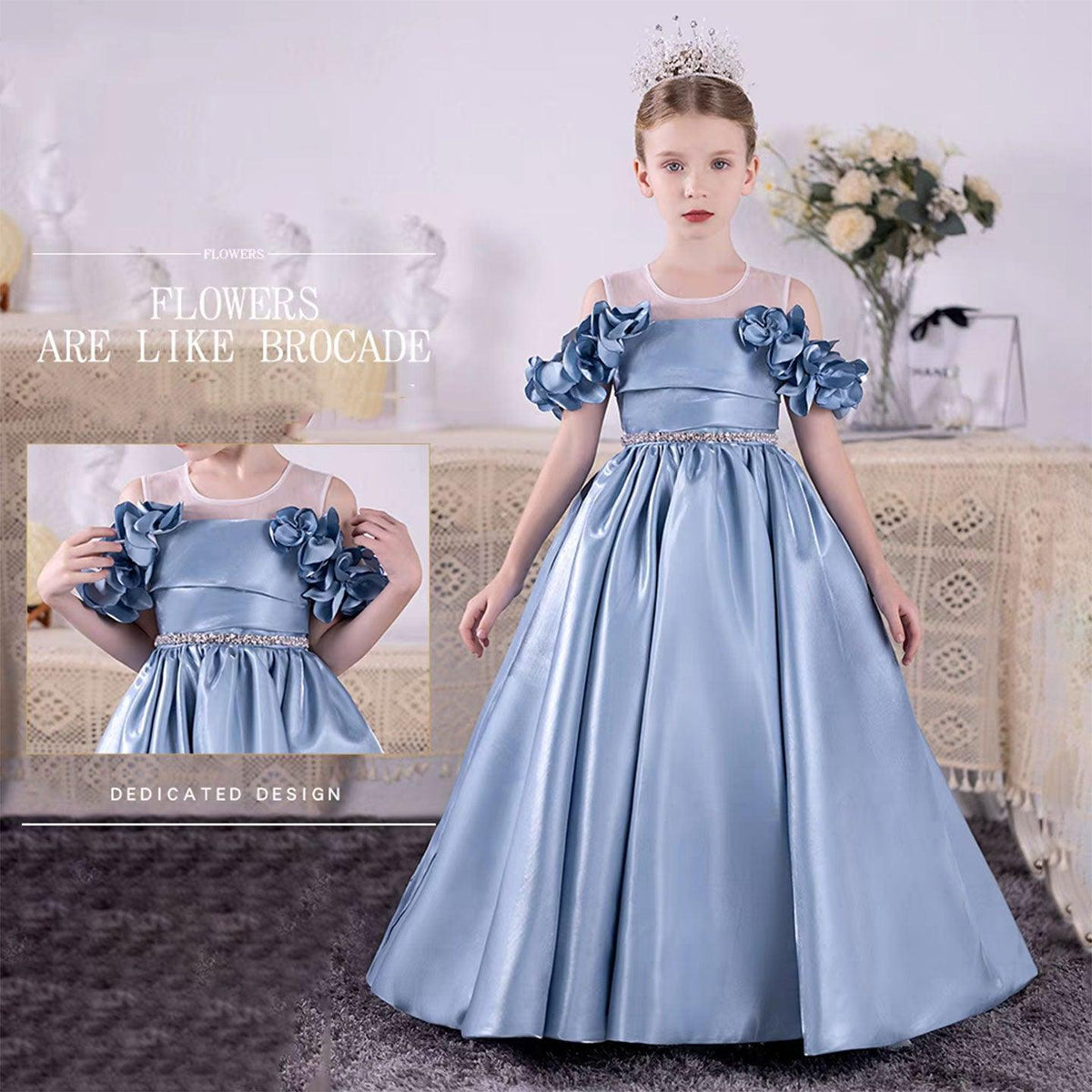 Jill Wish Elegant Blue Girl Dress Flowers for Kids Princess J118