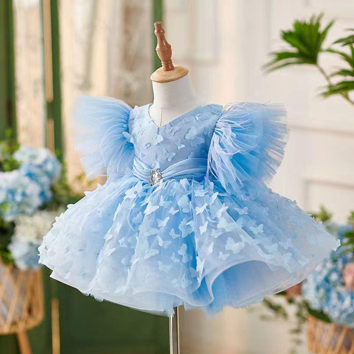 Jill Wish Elegant Blue Puffy Sleeve Flower Girl Dress Knee Length J058
