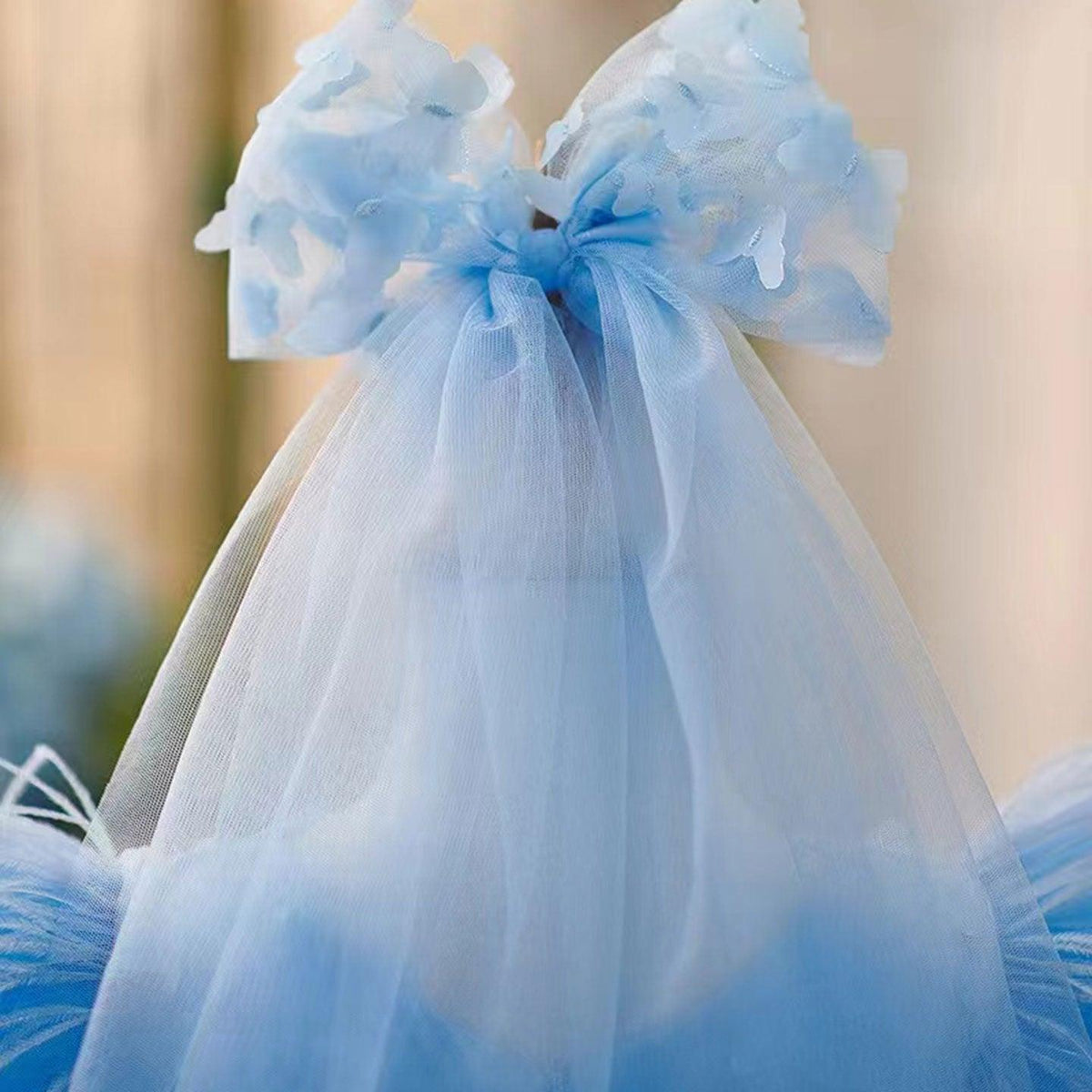 Jill Wish Elegant Blue Puffy Sleeve Flower Girl Dress Knee Length J058