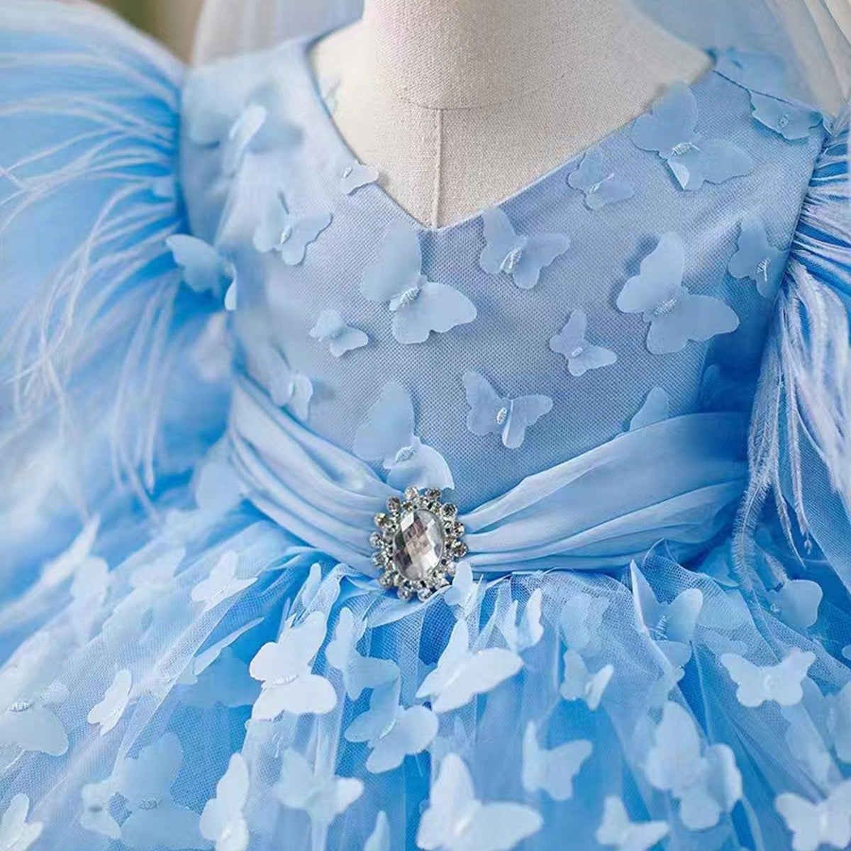 Jill Wish Elegant Blue Puffy Sleeve Flower Girl Dress Knee Length J058