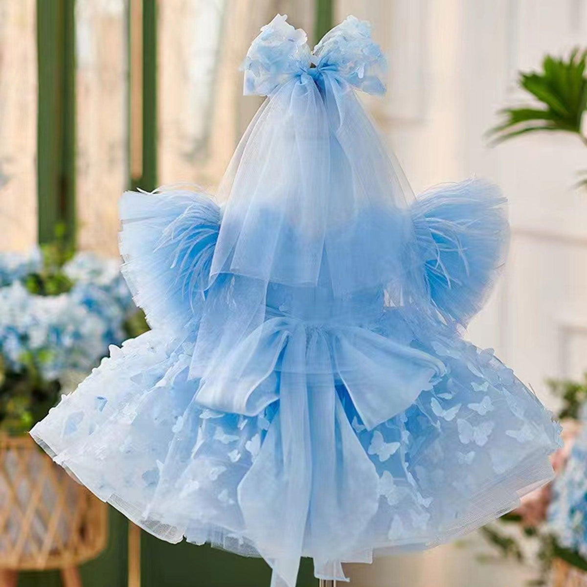 Jill Wish Elegant Blue Puffy Sleeve Flower Girl Dress Knee Length J058