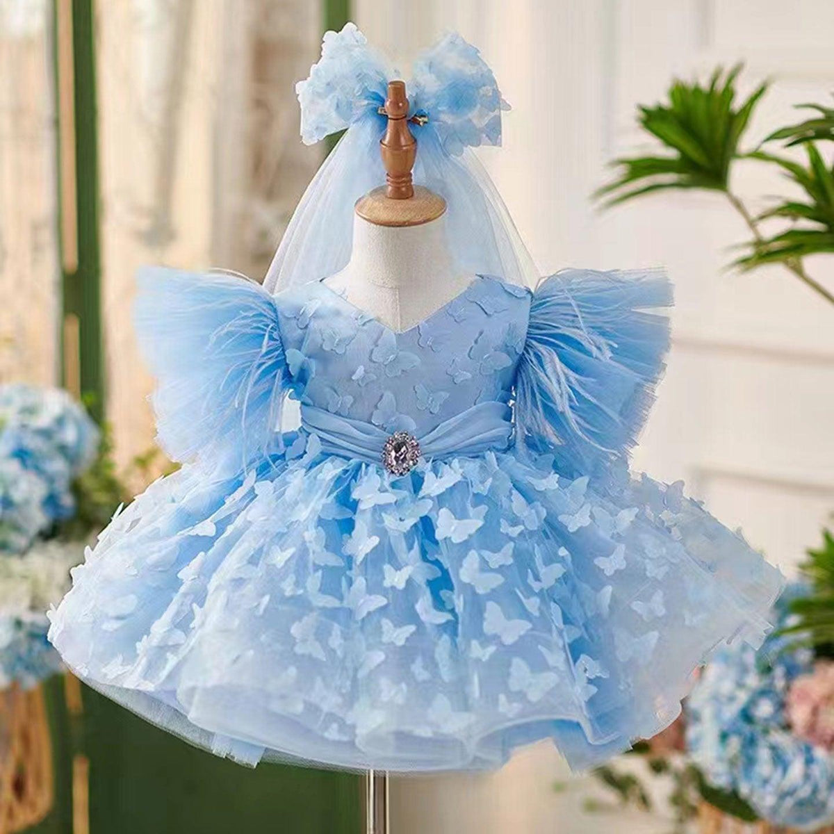 Jill Wish Elegant Blue Puffy Sleeve Flower Girl Dress Knee Length J058
