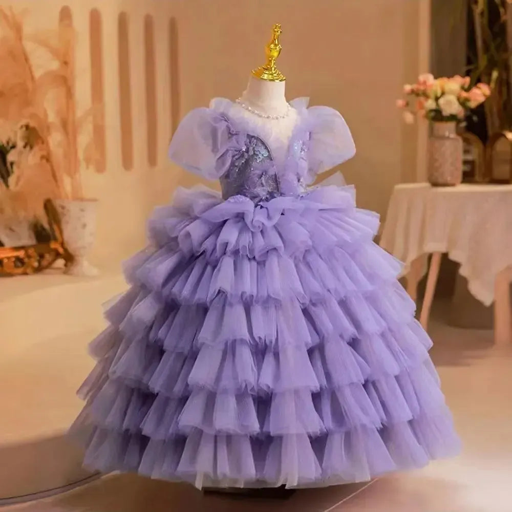 Jill Wish Elegant Luxury Lilac Girl Dress Beading Arabic Princess Kids J244