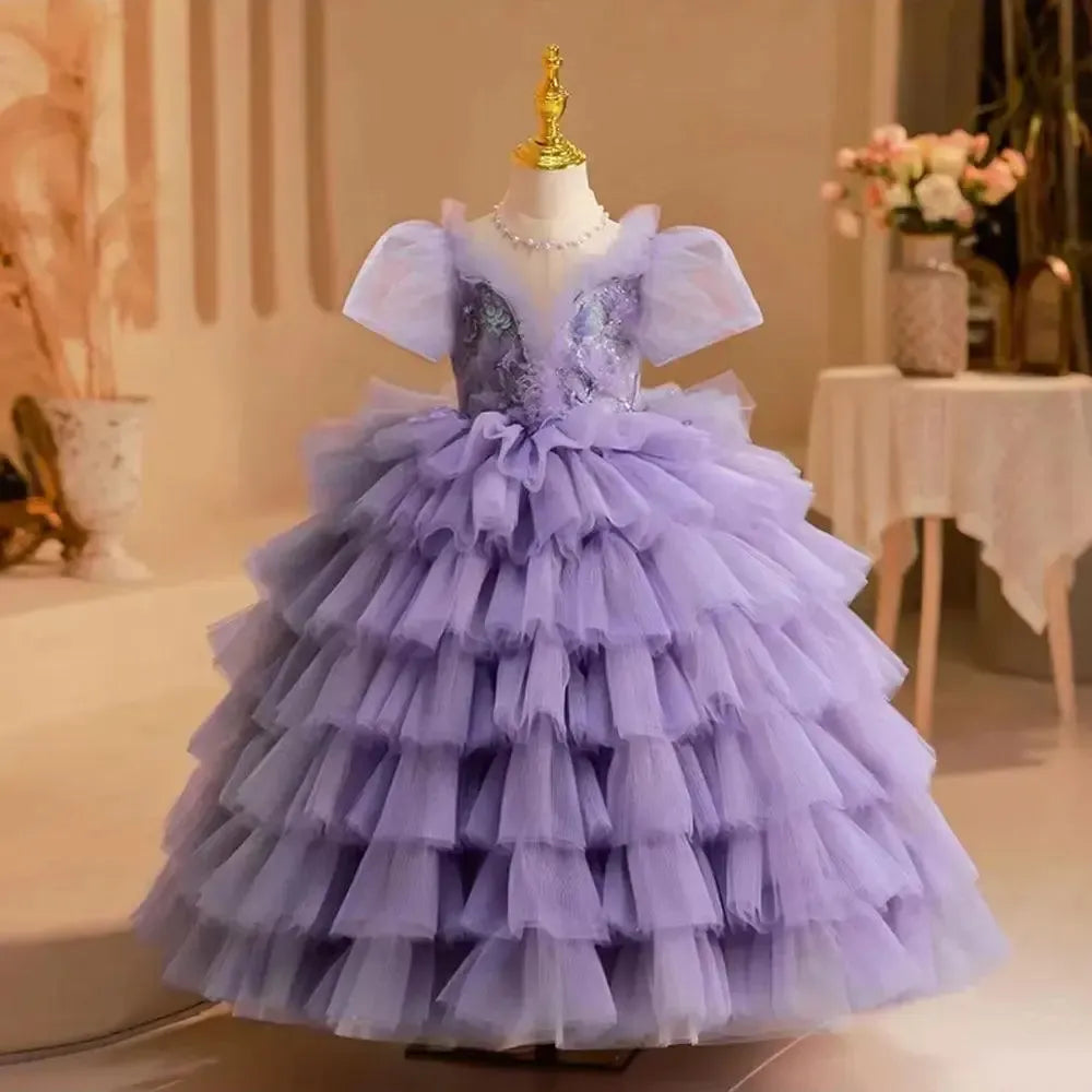 Jill Wish Elegant Luxury Lilac Girl Dress Beading Arabic Princess Kids J244