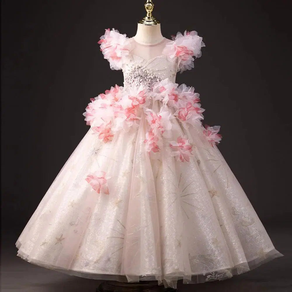 Jill Wish Elegant Pink Girl Dress Beaded 3D Flowers Pearls Arabic Princes J377