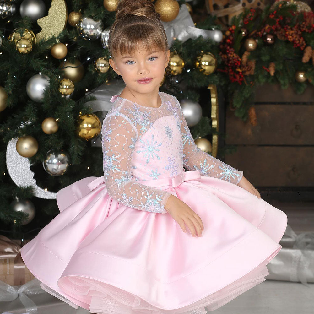 Jill Wish Elegant Pink Long Sleeve Flower Girl Dress Knee Length J048