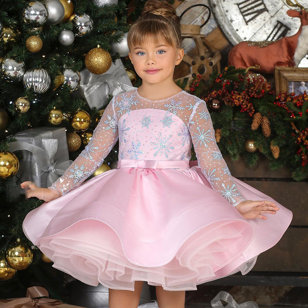 Jill Wish Elegant Pink Long Sleeve Flower Girl Dress Knee Length J048