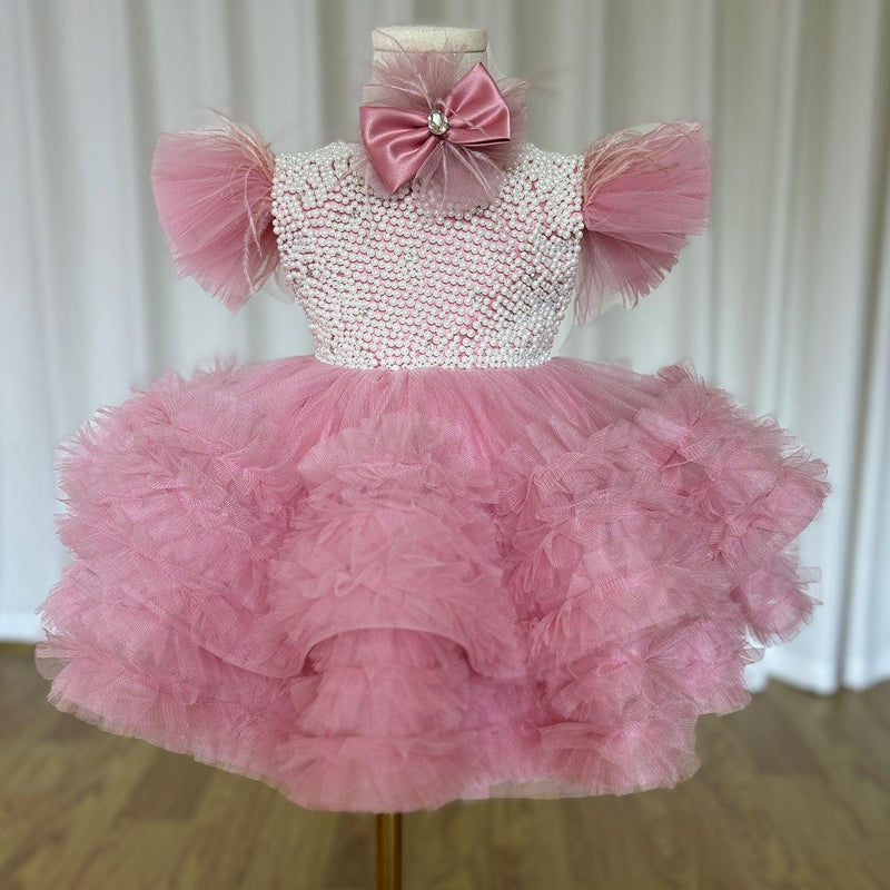 Jill Wish Elegant Pink Pearls Flower Girl Dress Princess Baby Kids J321
