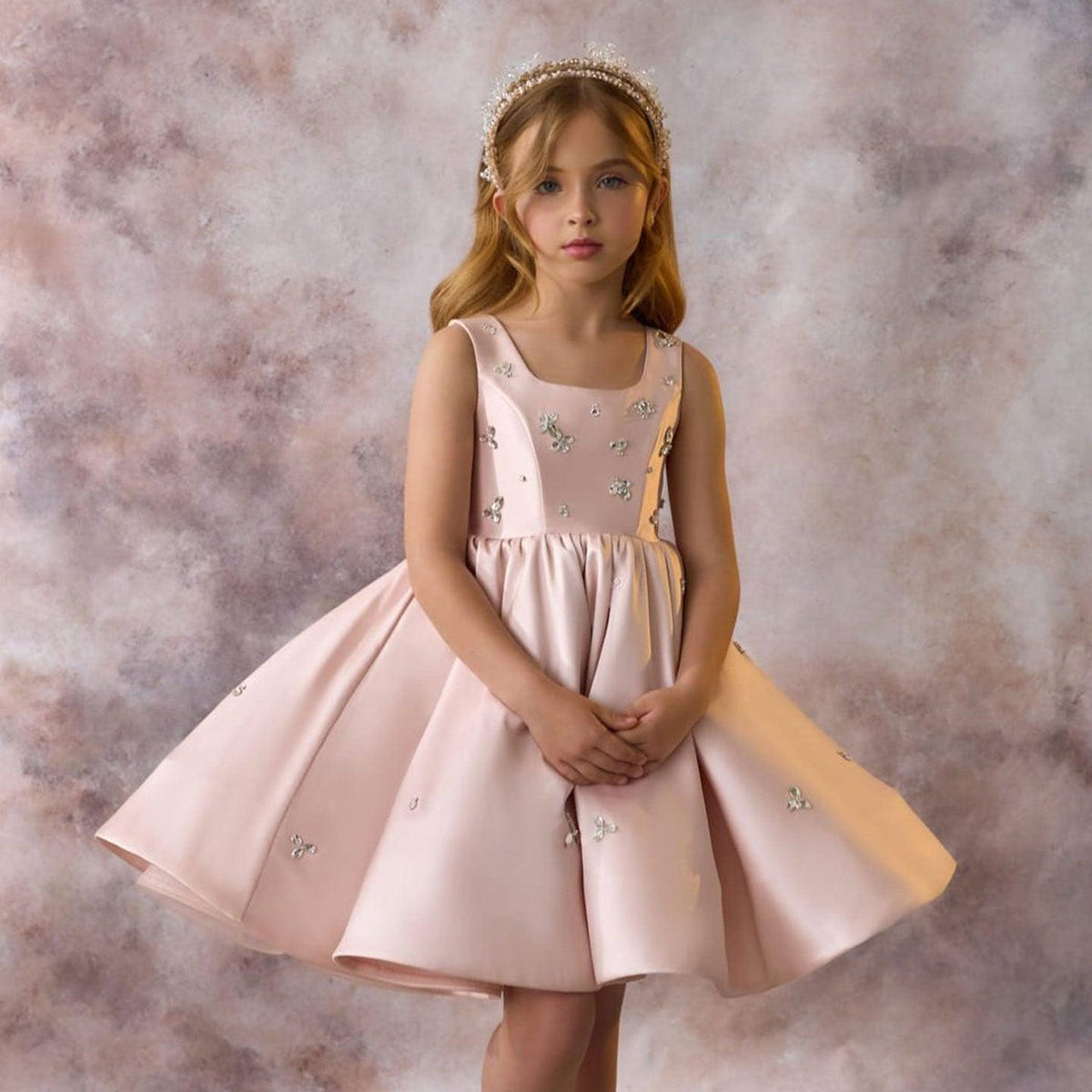 Jill Wish Elegant Pink Satin Girl Dresses Square Collar for Kids Party Gown J145