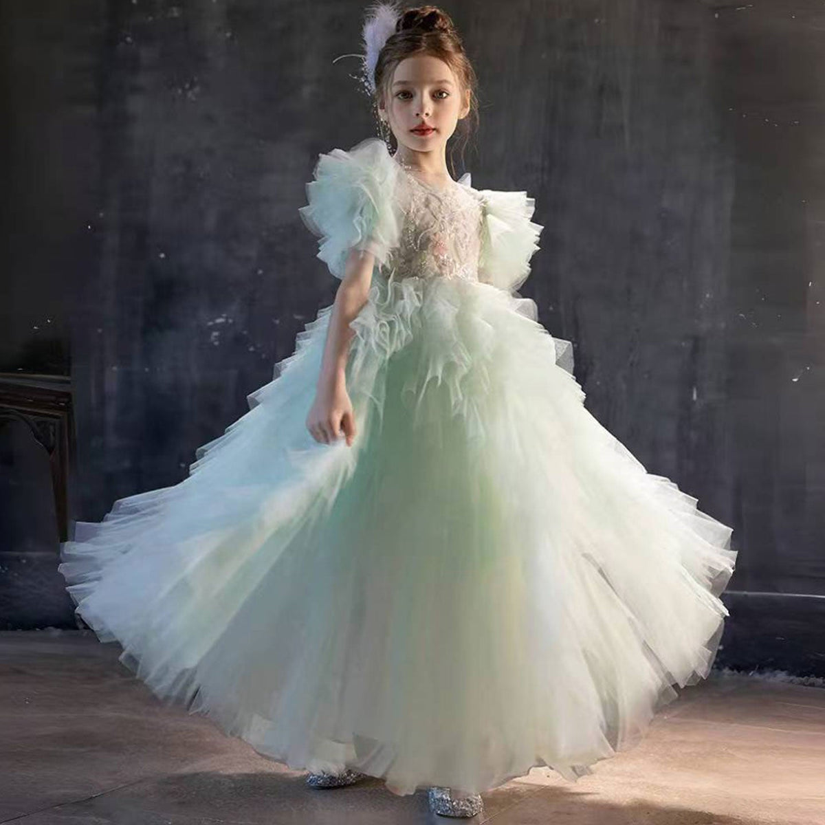Jill Wish Elegant Sage Green Flower Girl Dress Arabic Princess Kids J077