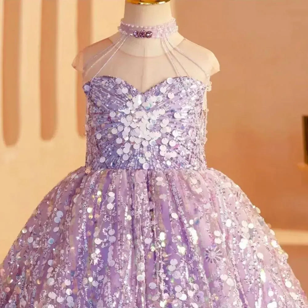 Jill Wish Elegant Shiny Dubai Lilac Girl Dress Beading Princess Kids J242