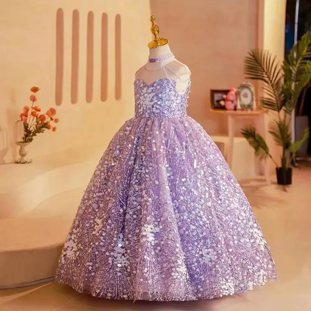 Jill Wish Elegant Shiny Dubai Lilac Girl Dress Beading Princess Kids J242
