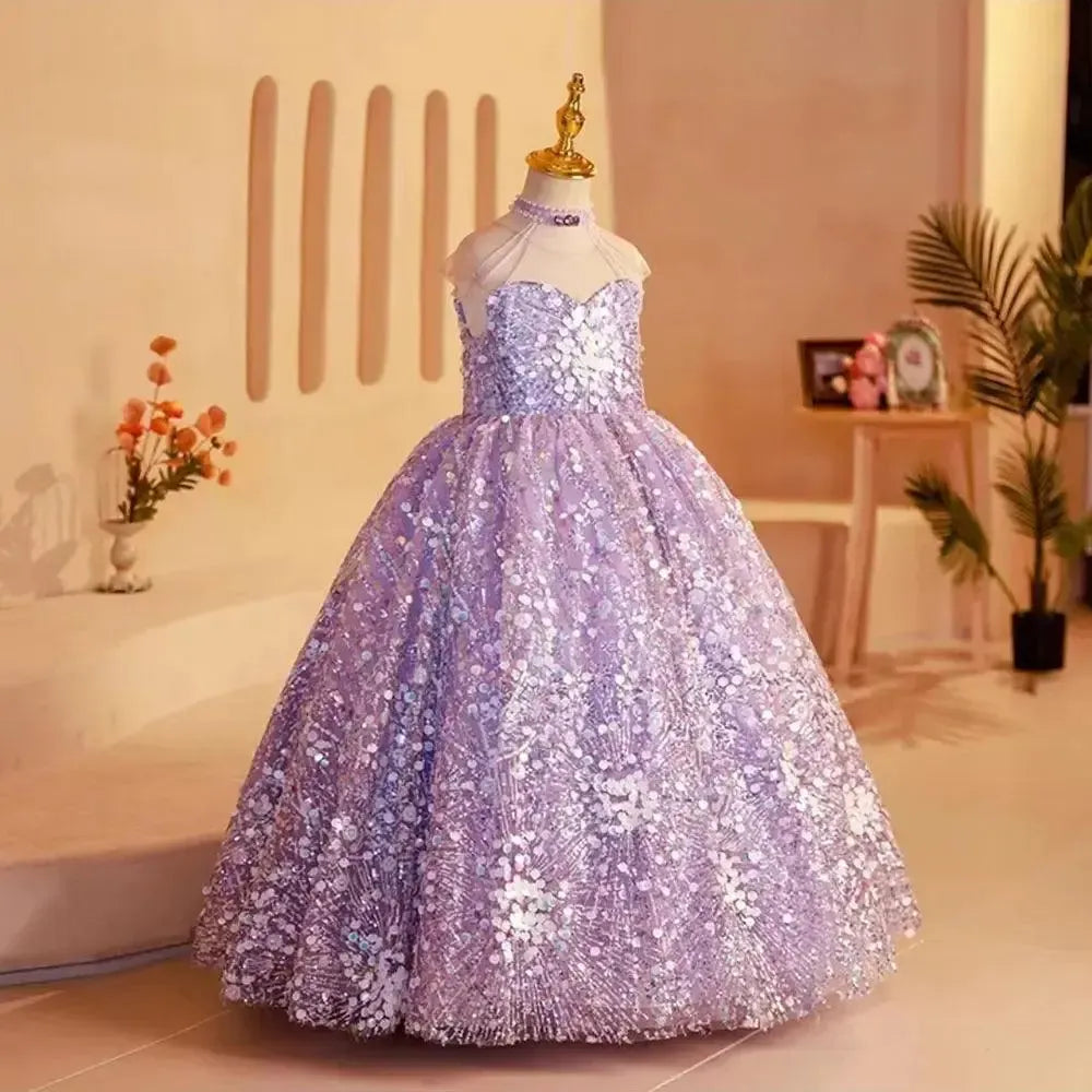 Jill Wish Elegant Shiny Dubai Lilac Girl Dress Beading Princess Kids J242