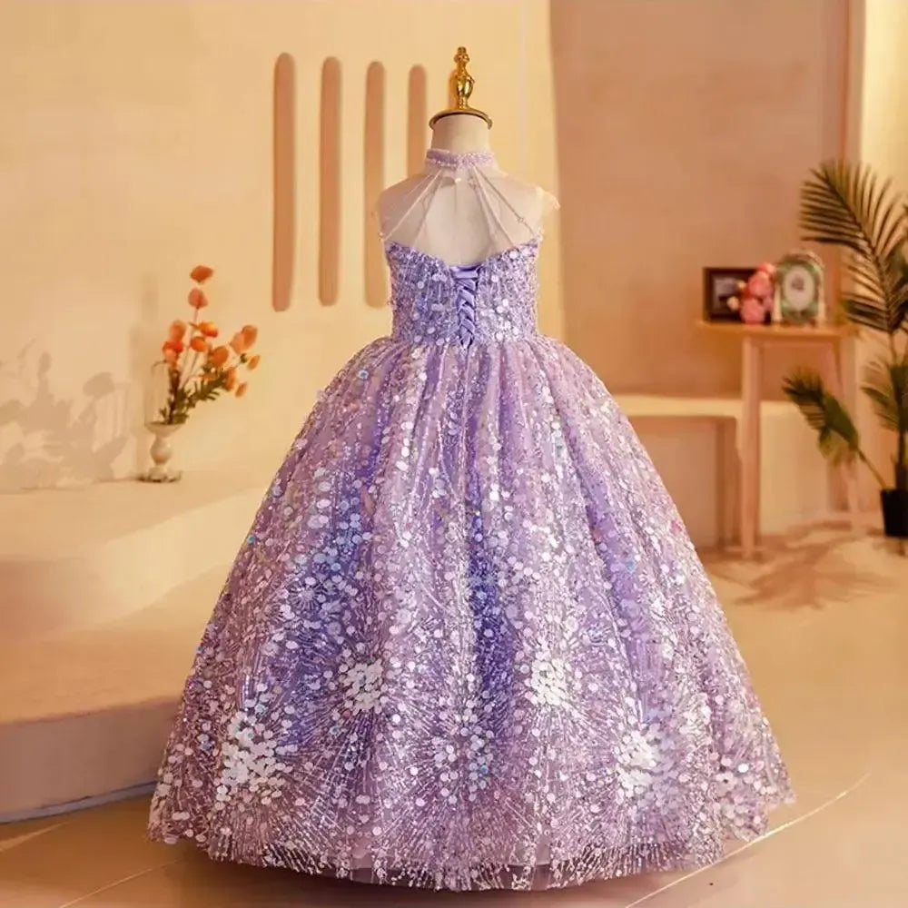 Jill Wish Elegant Shiny Dubai Lilac Girl Dress Beading Princess Kids J242