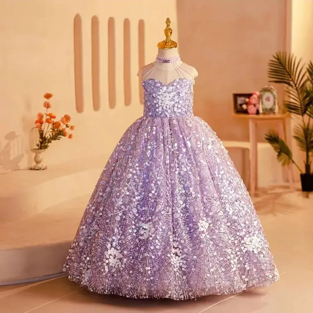 Jill Wish Elegant Shiny Dubai Lilac Girl Dress Beading Princess Kids J242