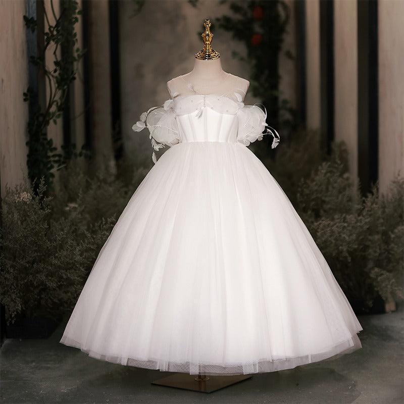 Jill Wish Elegant White Dubai Girl Dress Pearls Feathers Long Ball Prom Gown J149