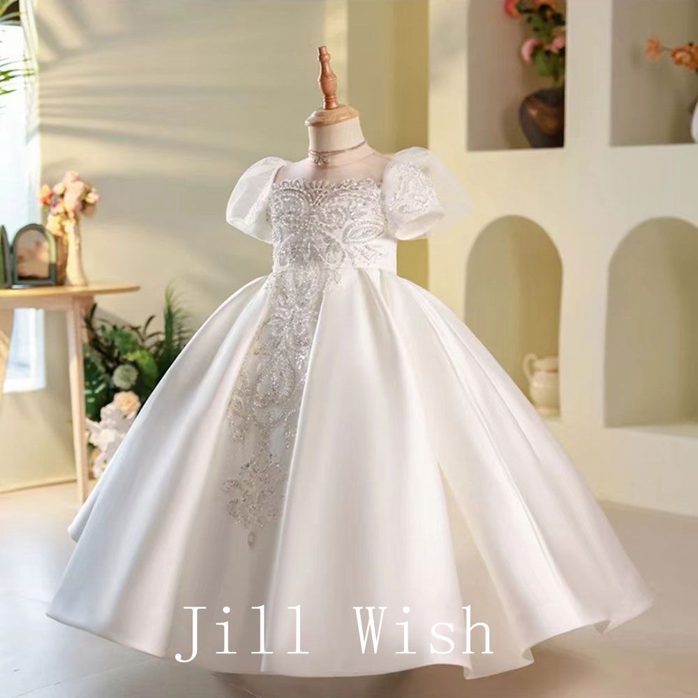 Jill Wish Elegant White Flower Girl Dress Beads Arabic Princess J251