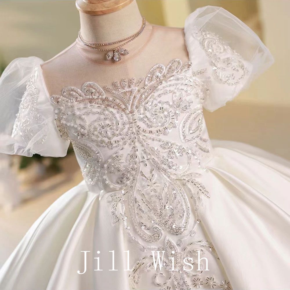 Jill Wish Elegant White Flower Girl Dress Beads Arabic Princess J251