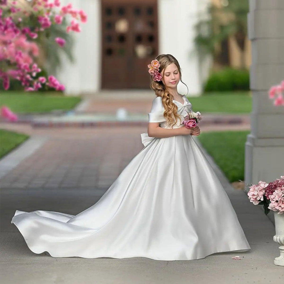 Jill Wish Elegant White Satin Girl Dress for First Communion J019
