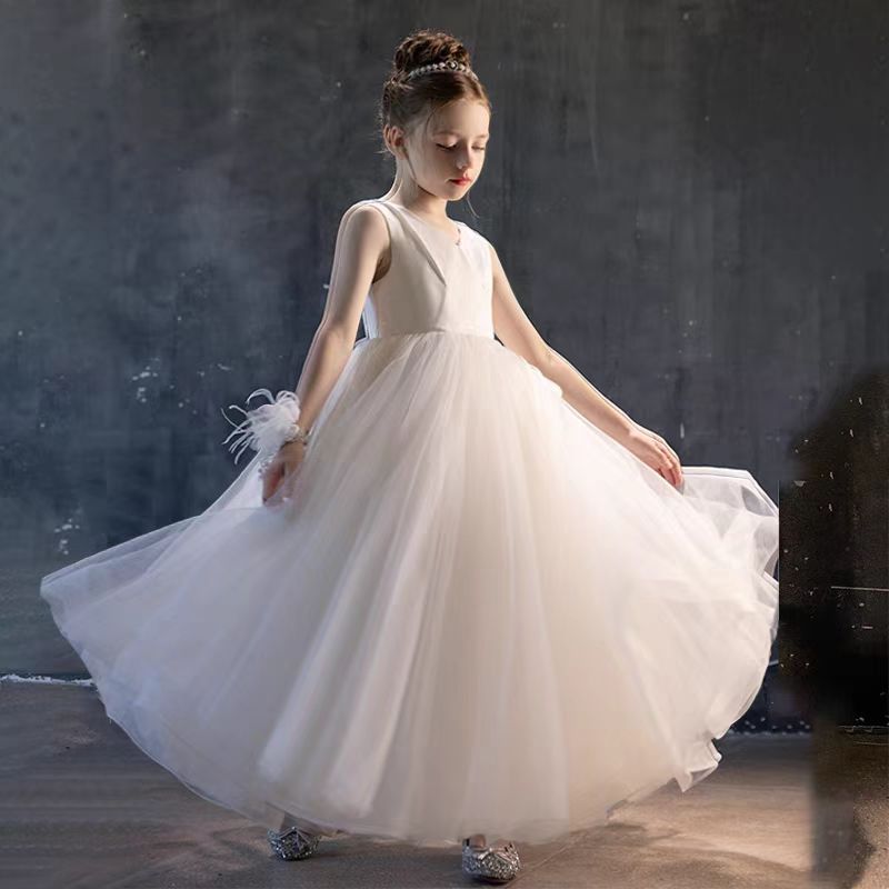 Elegant White V-Neck Girl Dress A-Line Princess Birthday Gown J290