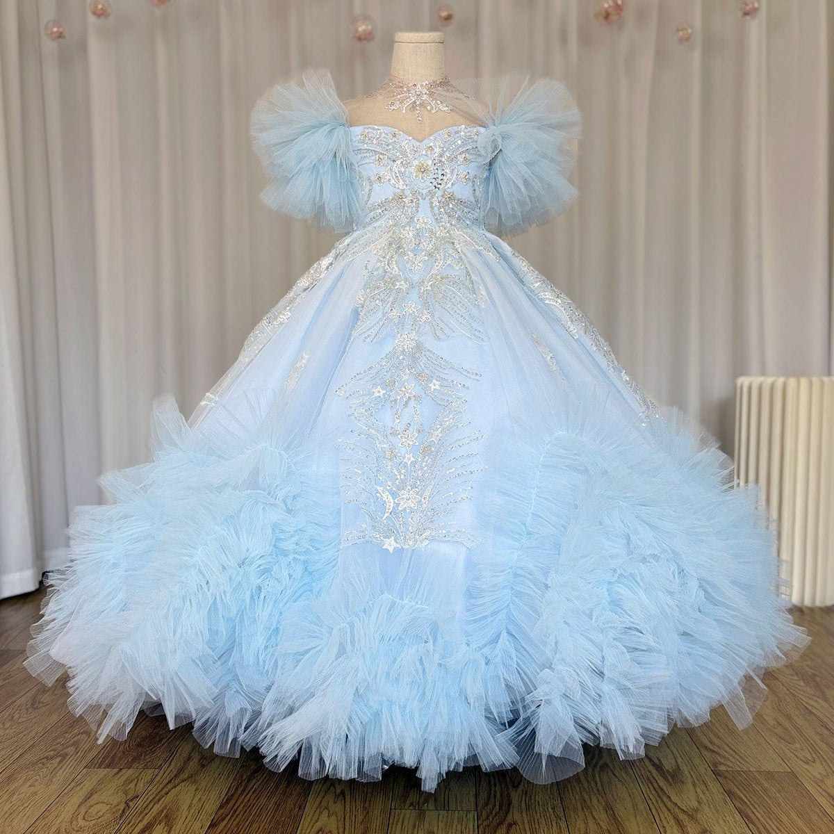 Jill Wish Luxury Arab Sky Blue Girl Dress Beaded Dubai Kids Princess J220