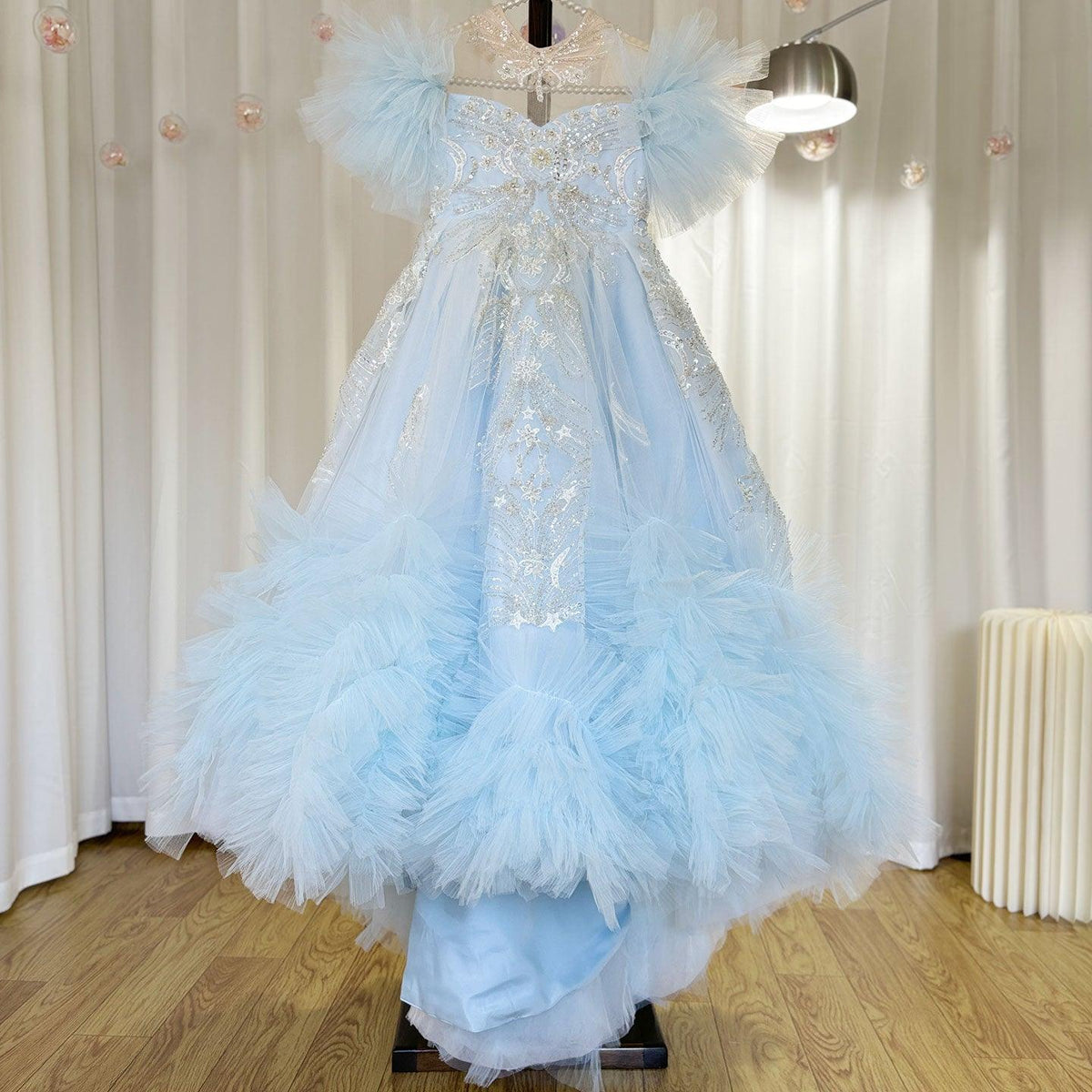 Jill Wish Luxury Arab Sky Blue Girl Dress Beaded Dubai Kids Princess J220
