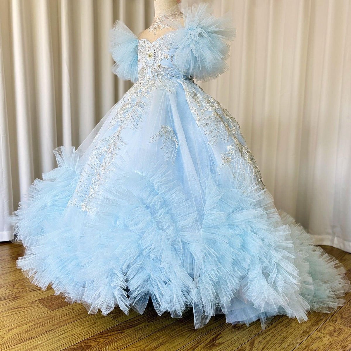 Jill Wish Luxury Arab Sky Blue Girl Dress Beaded Dubai Kids Princess J220
