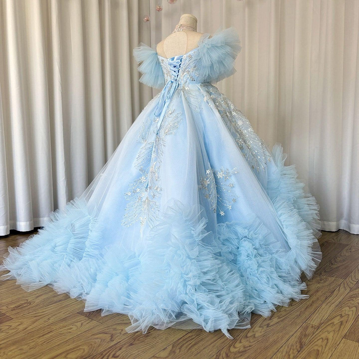 Jill Wish Luxury Arab Sky Blue Girl Dress Beaded Dubai Kids Princess J220