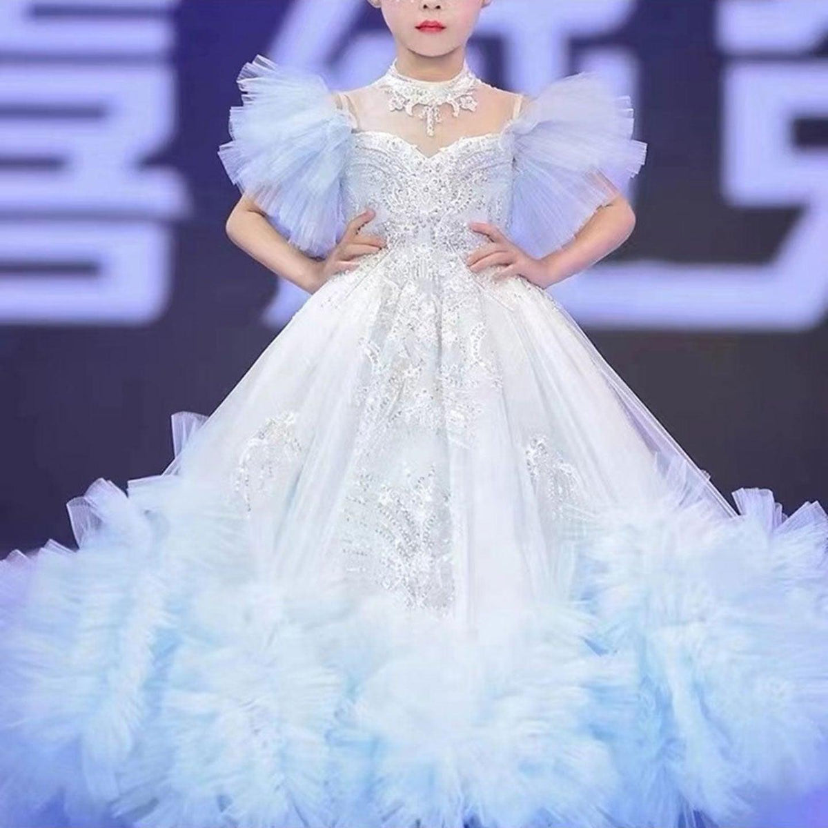 Jill Wish Luxury Arab Sky Blue Girl Dress Beaded Dubai Kids Princess J220