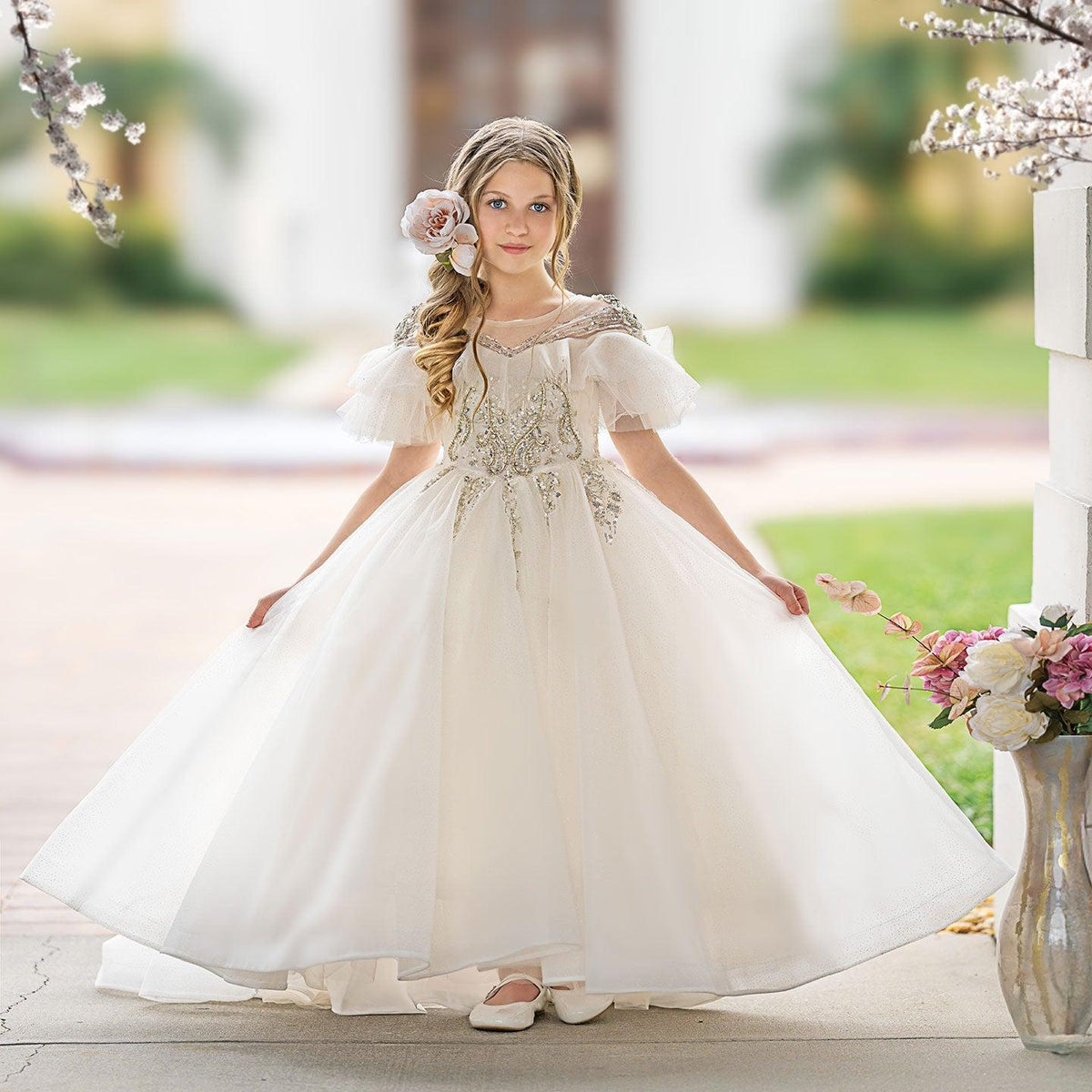 Jill Wish Luxury Arabic Champagne Flower Girl Dress Pearl Beaded Princess Gown J009