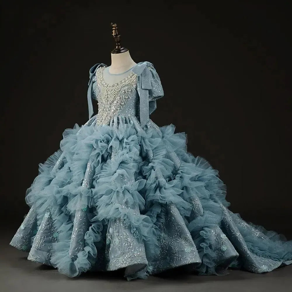 Jill Wish Luxury Arabic Flower Girl Dress Dubai Blue Pearls Beaded Princess J020