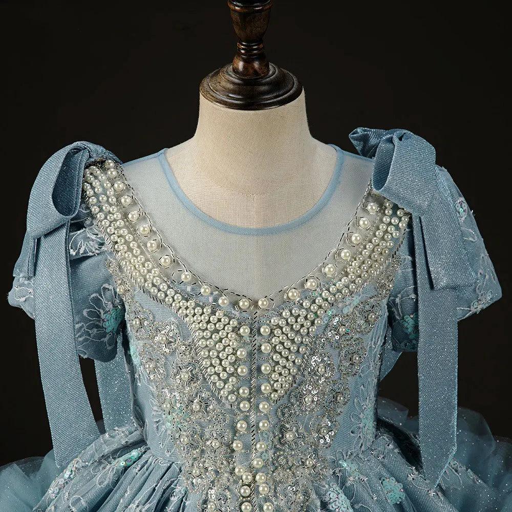 Jill Wish Luxury Arabic Flower Girl Dress Dubai Blue Pearls Beaded Princess J020