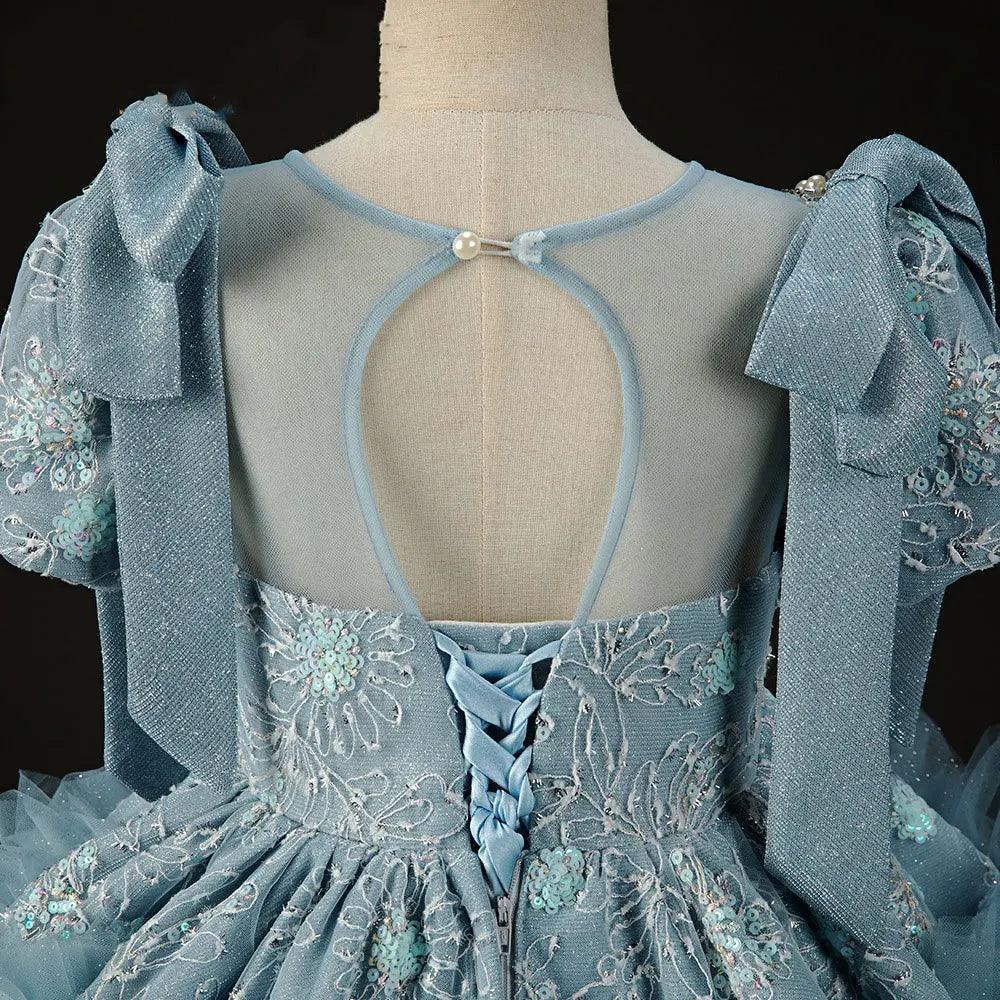 Jill Wish Luxury Arabic Flower Girl Dress Dubai Blue Pearls Beaded Princess J020