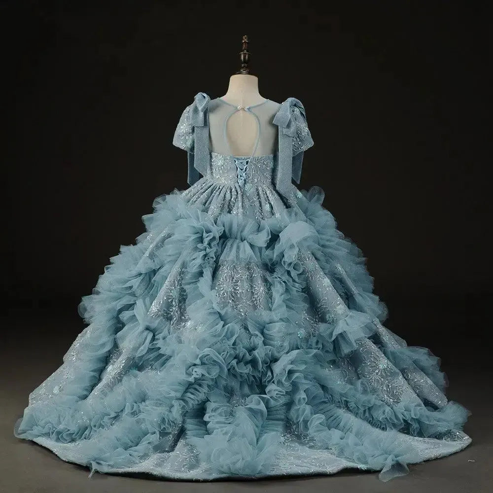 Jill Wish Luxury Arabic Flower Girl Dress Dubai Blue Pearls Beaded Princess J020
