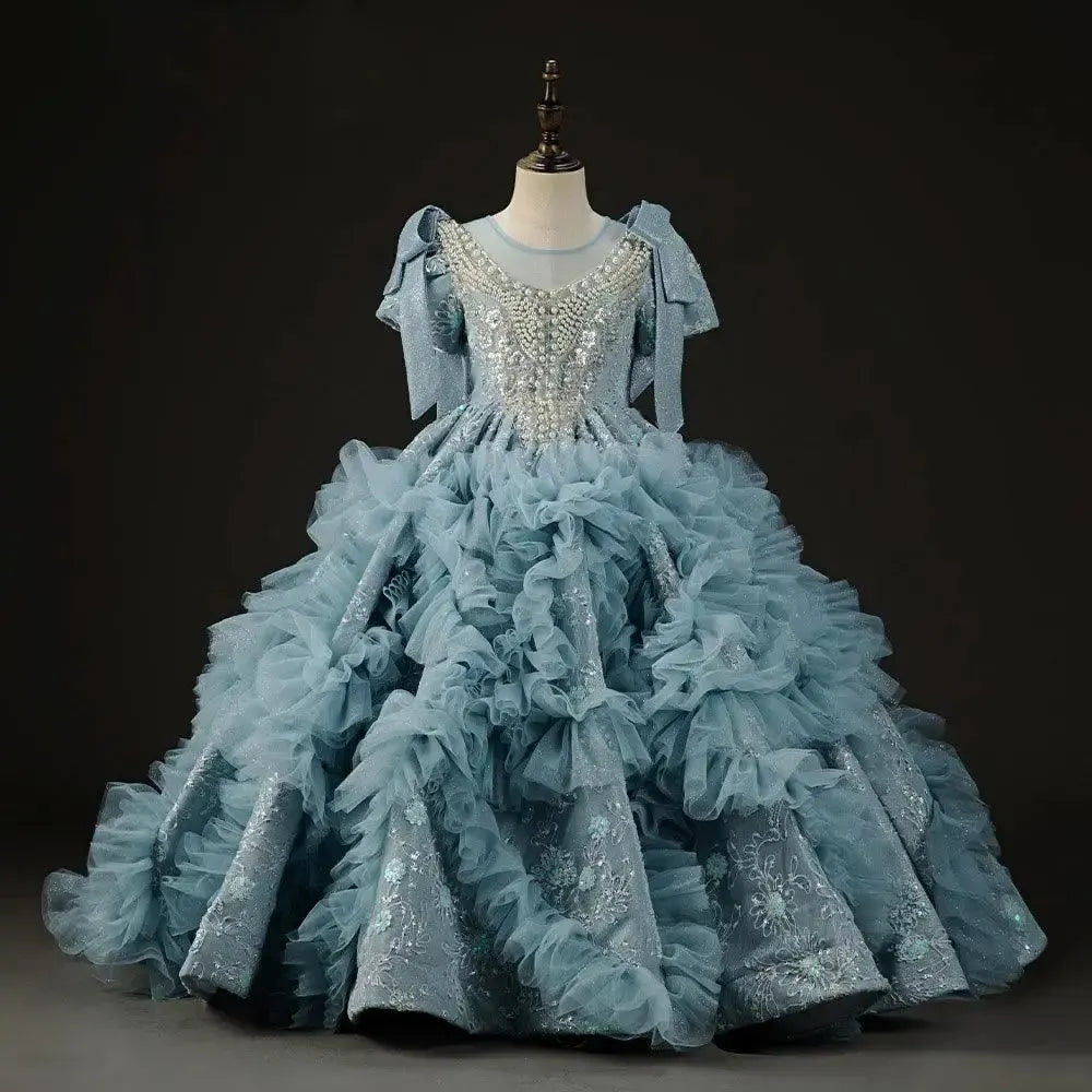 Jill Wish Luxury Arabic Flower Girl Dress Dubai Blue Pearls Beaded Princess J020