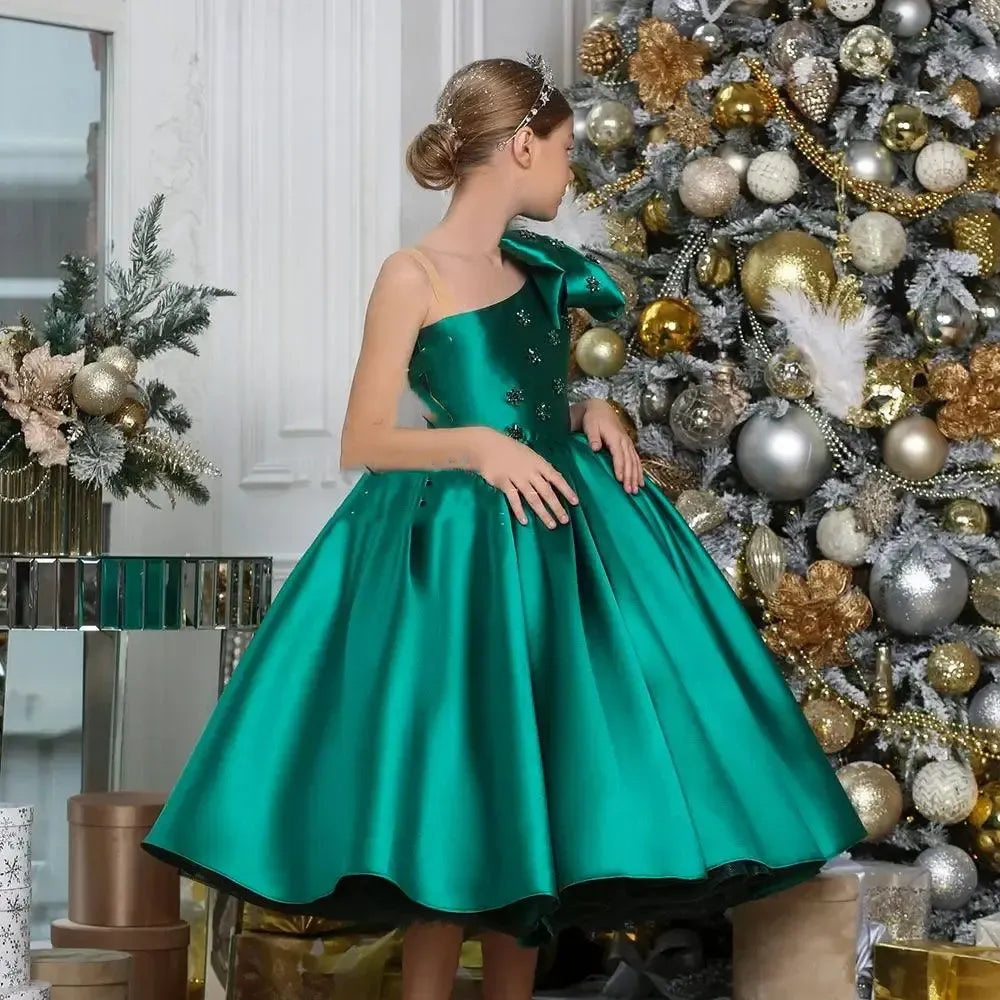 Luxury Arabic Green Girl Dress Crystal One Shoulder Bow J368 – Jill Wish