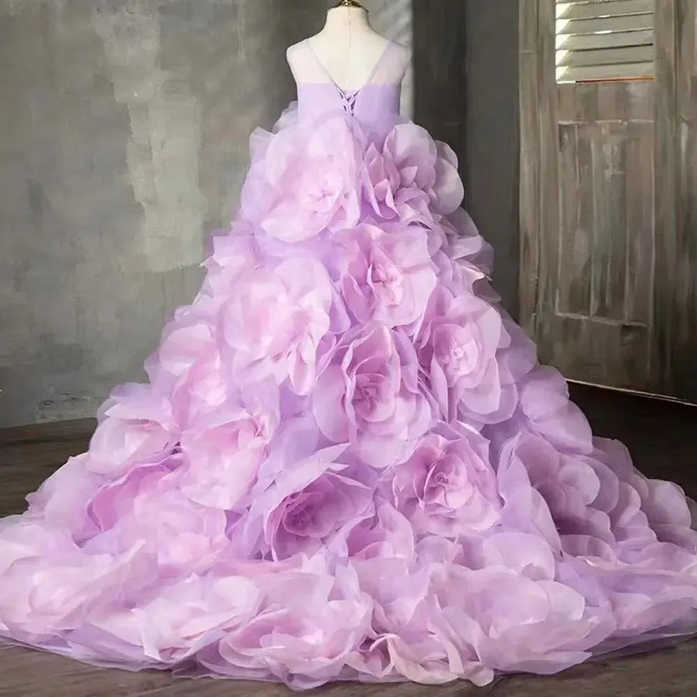 Jill Wish Luxury Arabic Lilac Girl Dress Handmade 3D Flowers J201