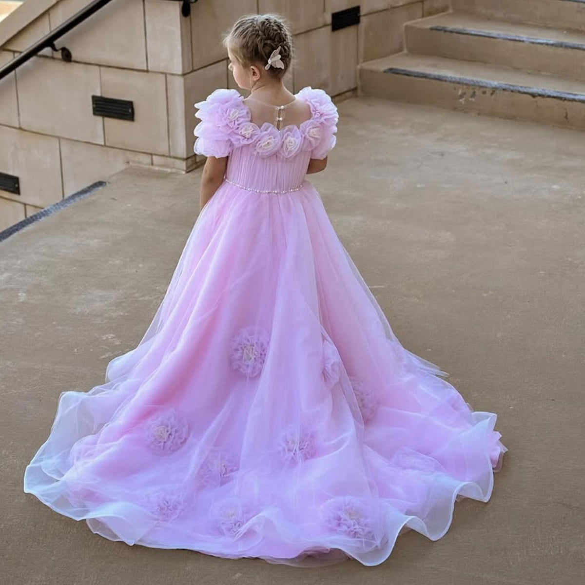 Jill Wish Luxury Arabic Pink Girl Dress Handmade Flowers Princess Gown J150