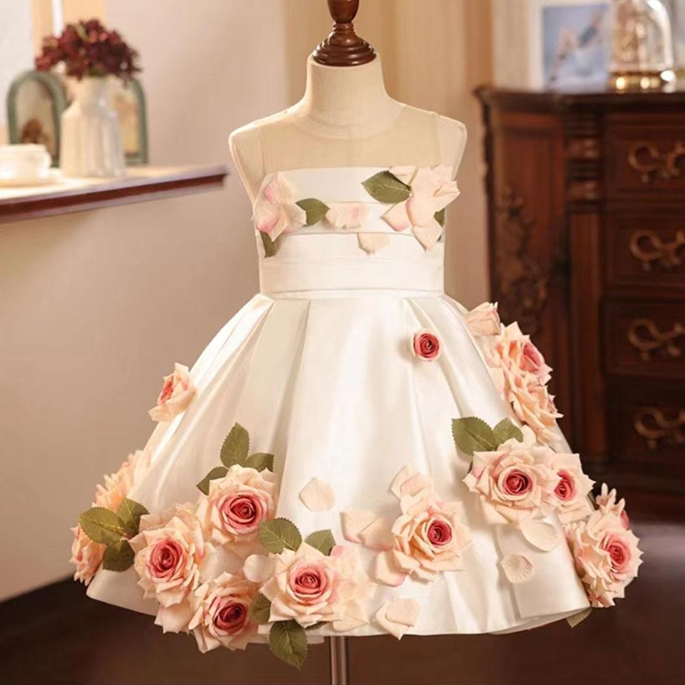 Jill Wish Luxury Arabic White Floral Girl Dress Handmade Flowers Dubai J203