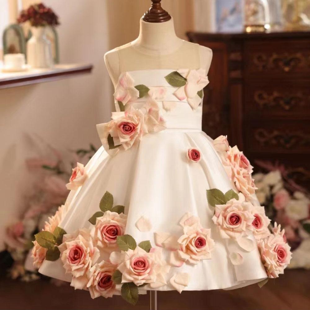 Jill Wish Luxury Arabic White Floral Girl Dress Handmade Flowers Dubai J203