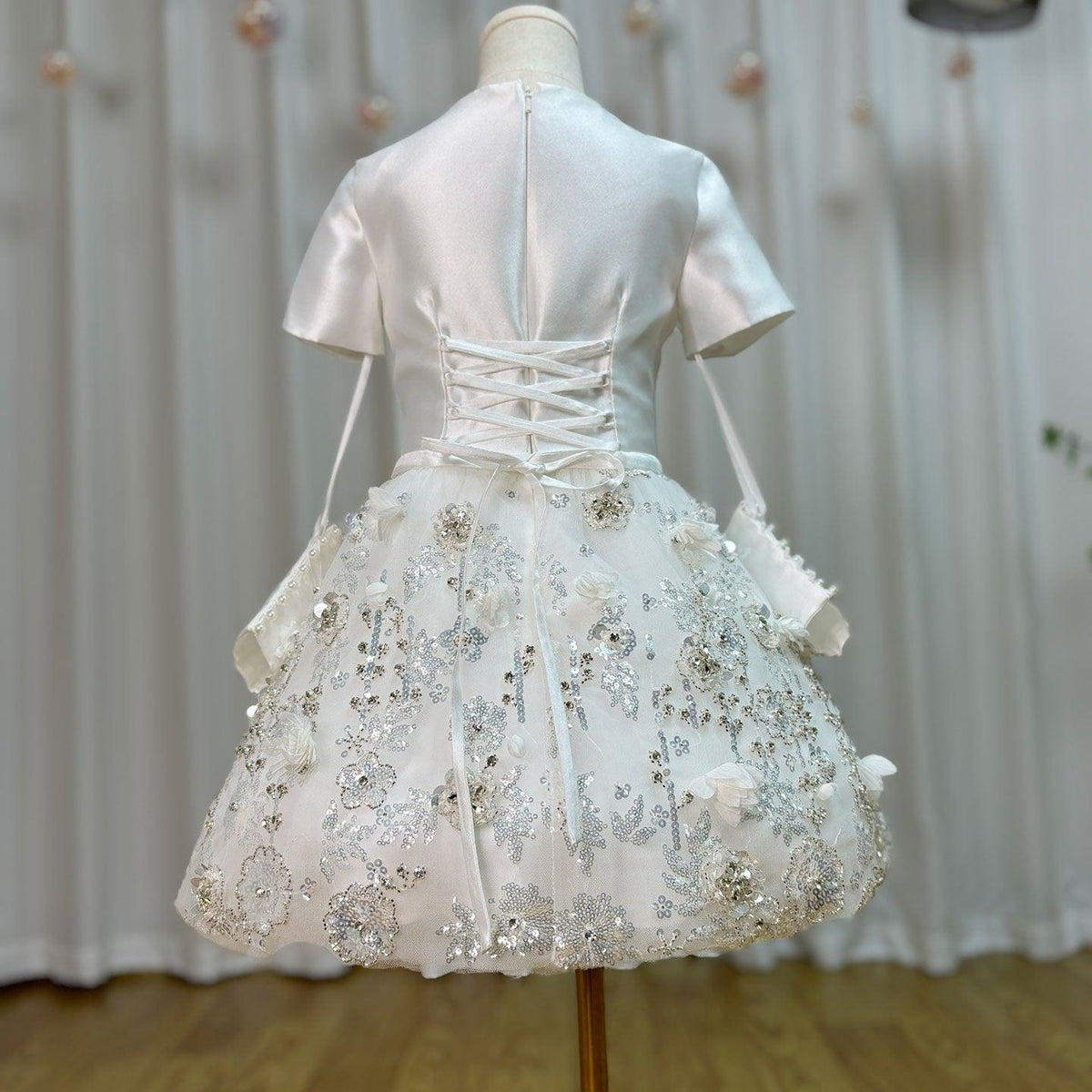 Jill Wish Luxury Arabic White Girl Dress Bow Handmade Flowers with Glove J357