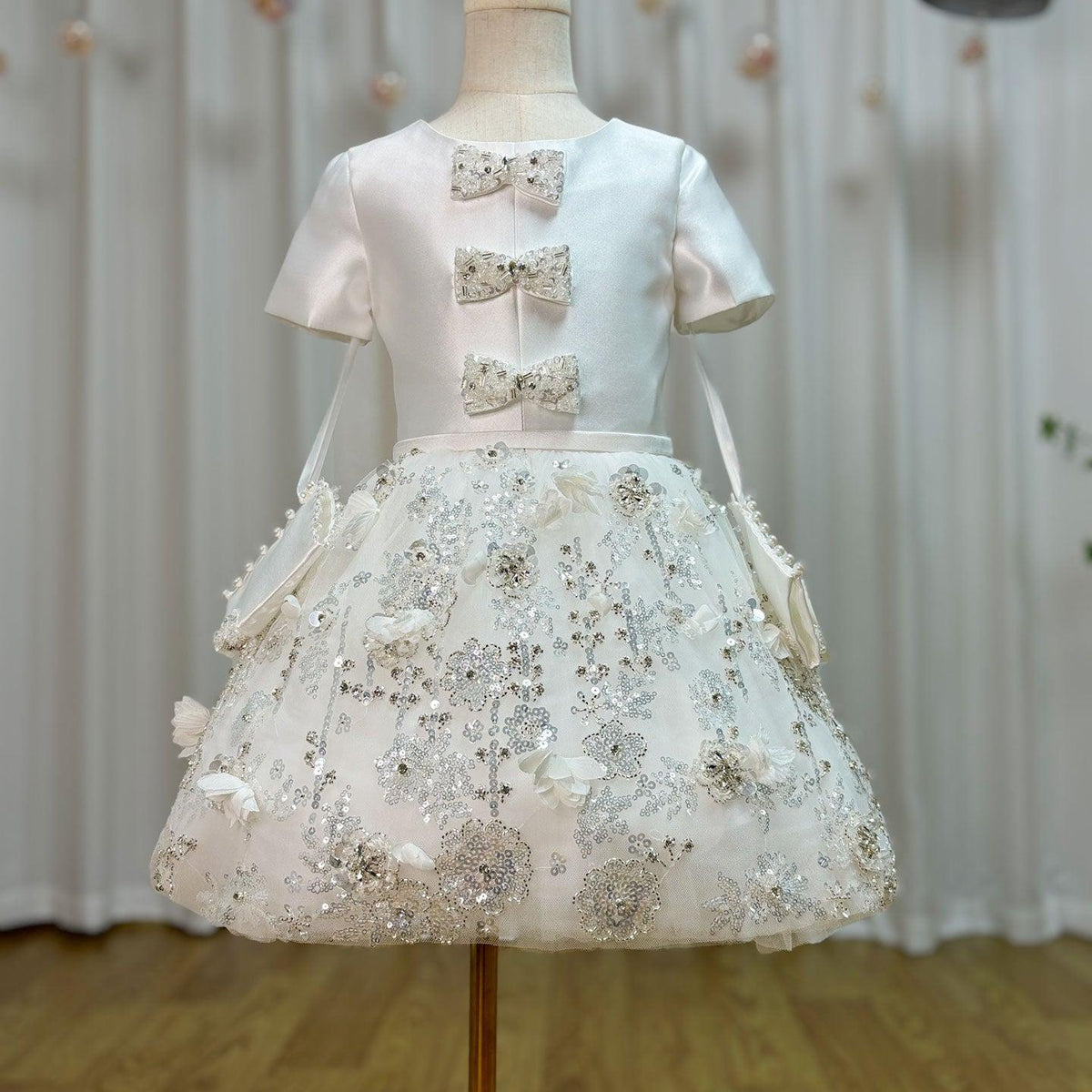 Jill Wish Luxury Arabic White Girl Dress Bow Handmade Flowers with Glove J357