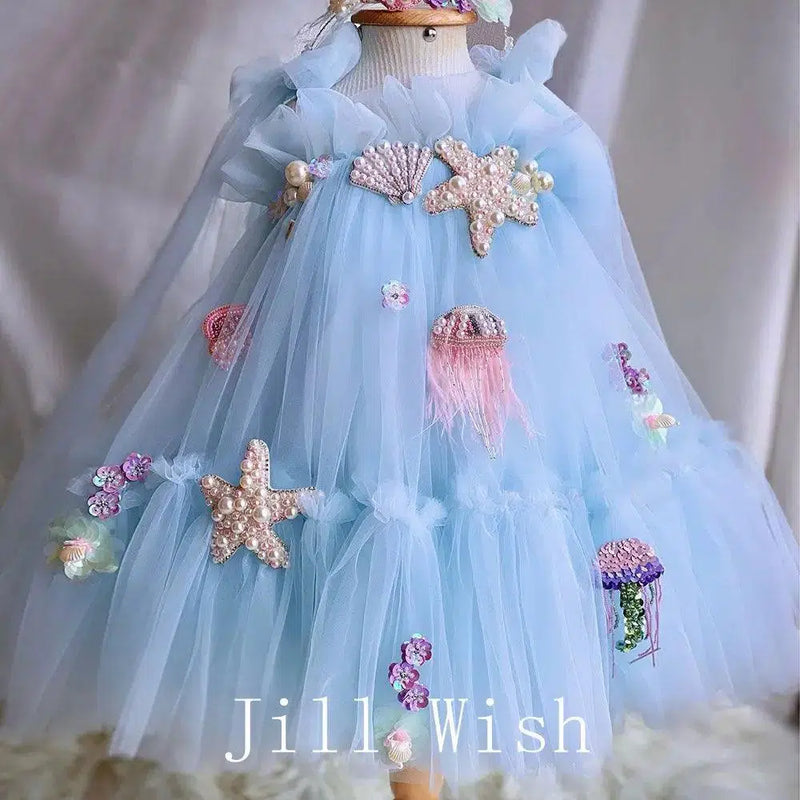 Jill Wish Luxury Blue Baby Flower Girl Dresses Mini Beading Pearls Princess J038