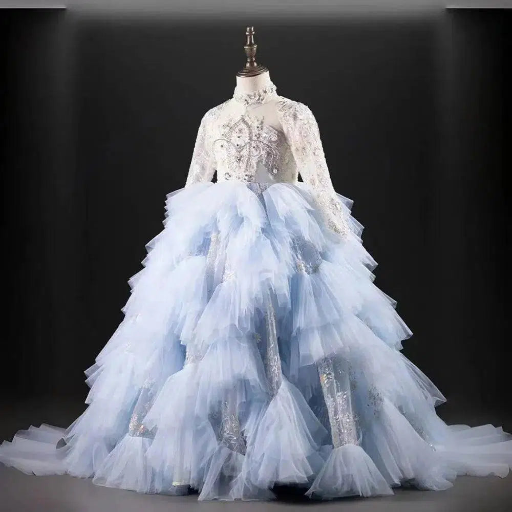 Jill Wish Luxury Blue Dubai Girl Dress Beaded Pearls Arabic Princess J381