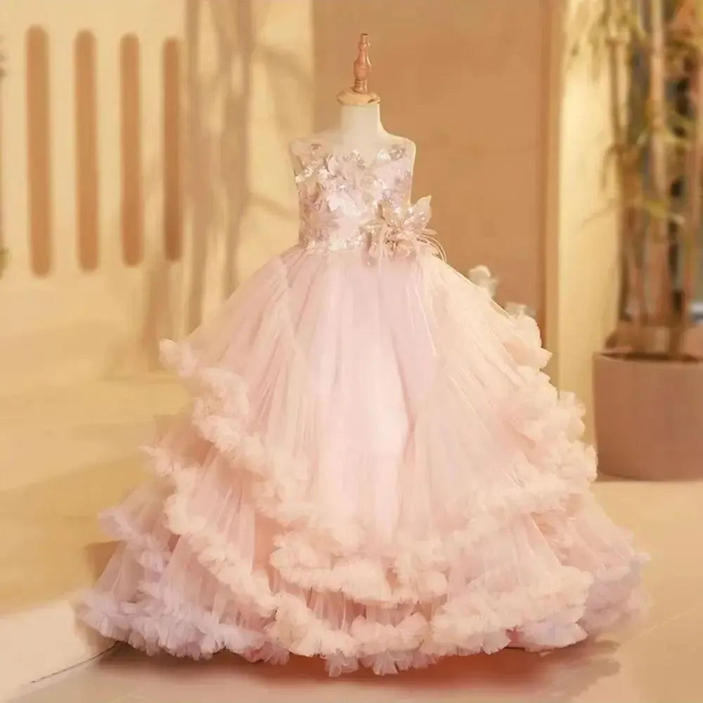 Jill Wish Luxury Blush Flower Girl Dress Feathers Arabic Princess Kids Wedding Birthday Party Ball Gown Holy Communion 2024 J246