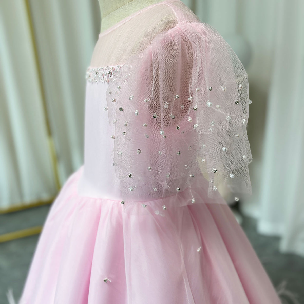 Jill Wish Luxury Blush Pink Girl Dress Feathers Beaded Princess J391